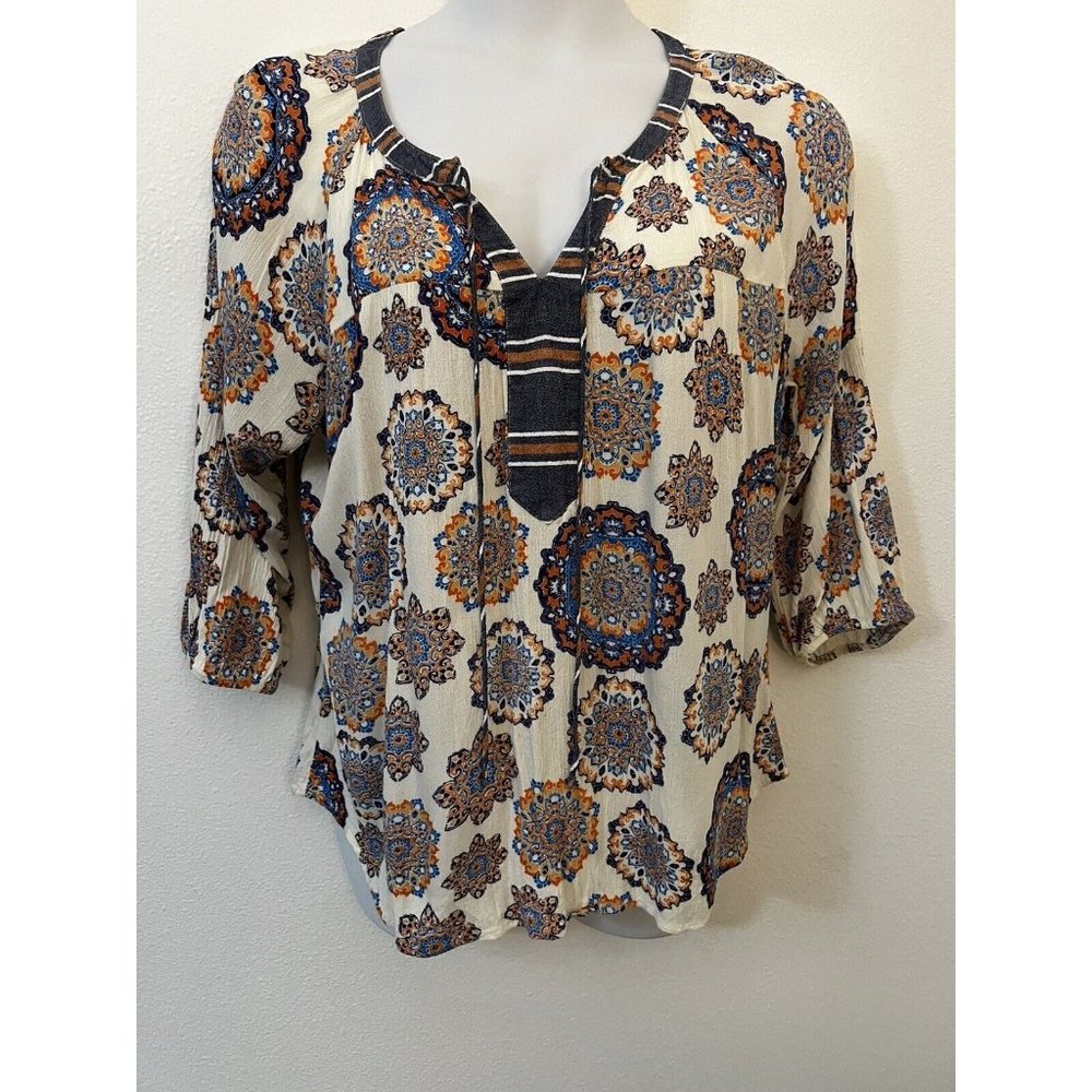 Fig & Flower Womens Top Blouse Shirt Size Large Blue Orange Boho Peasant